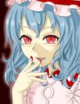  aura blood_on_fingers blue_hair dress face finger_licking highres licking looking_at_viewer open_mouth red_background red_eyes remilia_scarlet short_hair short_sleeves slit_pupils solo touhou upper_body yuukyan_(ucan85) 