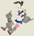  :3 blonde_hair blue_eyes boots bow commentary_request elbow_gloves food glider_(artist) gloves grey_footwear hair_bow hair_ribbon ice_cream kantai_collection long_hair neck_ribbon rensouhou-chan ribbon sailor_collar shimakaze_(kantai_collection) simple_background sitting skirt smile spoon striped striped_legwear thighhighs zettai_ryouiki |_| 