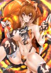  absurdres animal_ears antenna_hair areola_slip areolae bare_shoulders black_legwear black_panties blazblue blush breasts brown_hair chestnut_mouth crop_top dual_wielding fiery_background fingerless_gloves fire gloves gluteal_fold highleg highleg_panties highres holding large_breasts makoto_nanaya microskirt multicolored_hair navel nez-kun orange_eyes orange_skirt panties short_hair skirt squirrel_ears squirrel_girl squirrel_tail tail thighhighs tonfa torn_clothes two-tone_hair underboob underwear weapon 