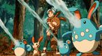  1girl animated animated_gif azumarill azurill brown_legwear bush forest green_hair hanging hinata_(pokemon) jacket legwear marill nature nintendo plusle pokemon pokemon_(anime) pokemon_ranger sentret shoes tree water 