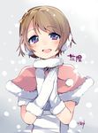  :d blush brown_hair capelet character_name gloves hairband koizumi_hanayo looking_at_viewer love_live! love_live!_school_idol_project open_mouth purple_eyes short_hair smile snow snow_halation solo taneda_yuuta white_gloves 