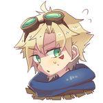  blonde_hair ezreal goggles goggles_on_head green_eyes league_of_legends lowres male_focus scarf shimatta solo sweatdrop tattoo triangle_mouth 
