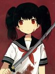  ayu_(mog) black_hair blood blood_on_face bloody_weapon holding holding_sword holding_weapon katana neckerchief red_background red_eyes school_uniform serafuku short_sleeves siren siren_2 solo sword twintails upper_body weapon yagura_ichiko 