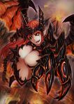  black_sclera breasts claws cleavage dated dragon_wings fang flying large_breasts long_hair looking_at_viewer open_mouth original pointy_ears qblade red_eyes red_hair signature smile solo wings yellow_eyes 