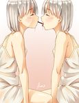  blush closed_eyes dress food highres imminent_kiss incest jakelian multiple_girls open_mouth original pocky pocky_kiss saliva shared_food short_hair siblings silver_hair sisters sitting tongue twincest twins yuri 