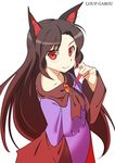  animal_ears brooch brown_hair dress fingernails french hand_up imaizumi_kagerou jewelry kugata1 layered_dress long_fingernails long_hair long_sleeves looking_at_viewer red_eyes sharp_fingernails simple_background smile solo touhou white_background wide_sleeves wolf_ears 