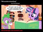  bookshelf cat_eyes chaoticbrony dialog dragon english_text equine female friendship_is_magic glowing green_eyes horn horse levitation library magic male mammal misunderstanding my_little_pony pony purple_eyes slit_pupils soap soap_in_mouth sparkles spike_(mlp) text twilight_sparkle_(mlp) window winged_unicorn wings 
