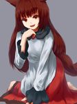  animal_ears barefoot brooch brown_hair dress fang grey_background hand_on_own_chin imaizumi_kagerou jewelry kneeling layered_dress long_hair long_sleeves looking_at_viewer open_mouth red_eyes shone simple_background solo tail touhou very_long_hair wolf_ears wolf_tail 