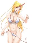  abs alternate_hairstyle ao_no_mi bikini blonde_hair breasts highres horn hoshiguma_yuugi large_breasts long_hair open_mouth ponytail red_eyes side-tie_bikini simple_background smile solo swimsuit touhou undressing untied untied_bikini untying white_background 