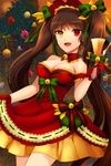  anje bare_shoulders bell breasts brown_hair christmas cleavage detached_collar gloves gs_5th_star hair_ribbon heterochromia highres long_hair medium_breasts open_mouth red_eyes red_gloves ribbon smile solo sword_girls twintails yellow_eyes 