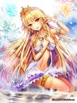  armband armlet bad_id bad_pixiv_id blonde_hair blush bracelet breasts copyright_name dress ells fairy hair_flip jewelry large_breasts long_hair navel necklace official_art sitting smile soaking_feet solo sousei_ragnavein thigh_strap thighlet tiara underboob very_long_hair yellow_eyes 
