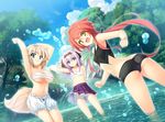  3girls armpits arms_up ass blonde_hair blue_eyes breasts flat_chest forest game_cg green_eyes highres large_breasts legs long_hair looking_at_viewer multiple_girls nature navel purple_hair red_hair river sarashi sengoku_koihime:_otome_kenran_sengoku_emaki short_hair skirt small_breasts smile standing tail thighs tree trees water yellow_eyes 