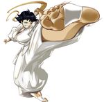  baggy_pants barefoot black_hair breasts choker cleavage clenched_teeth dougi feet flying_kick foreshortening full_body johnrokk kicking large_breasts makoto_(street_fighter) motion_blur outstretched_leg pants pov_feet ribbon_choker short_hair simple_background soles solo sports_bra street_fighter teeth toe_scrunch toeless_legwear toes white_background 