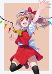  arm_up ascot bad_id bad_twitter_id black_legwear blonde_hair blush erubo fang flandre_scarlet hat open_mouth outstretched_hand red_eyes short_hair side_ponytail simple_background skirt skirt_set smile solo thighhighs touhou waving wings zettai_ryouiki 