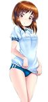  blush bob_cut brown_eyes brown_hair buruma gym_uniform hagiwara_yukiho idolmaster idolmaster_(classic) shirt_tug short_hair solo standing zizi_(zz22) 