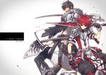  armor bad_id bad_pixiv_id black_hair black_pants blade_master_(elsword) claws coat elsword elsword_(character) gloves hood hoodie left-handed limble lord_knight_(elsword) male_focus messy_hair multiple_boys over_shoulder pants raven_(elsword) red_eyes red_hair spiked_hair sword weapon yellow_eyes 