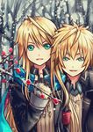  blonde_hair brown_hair chung_seiker coat deadly_chaser_(elsword) dual_persona elsword gloves green_eyes hair_flaps iron_paladin_(elsword) long_hair male_focus multicolored_hair multiple_boys redclow scarf smile snow streaked_hair symbol-shaped_pupils tree winter 