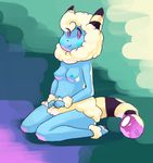  anthro blue_fur breasts caprine female fur looking_at_viewer mammal mareep nintendo nipples nude pienji pink_eyes plain_background pok&#233;mon pok&#233;morph pok&eacute;mon sheep sitting smile solo video_games 