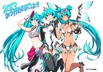  3girls aqua_hair artist_name bandaid bandaid_on_nose bikini blue_eyes body_writing boots bridal_gauntlets covered_navel crop_top dated double_bun elbow_gloves eyewear_on_head fingerless_gloves glasses gloves goodsmile_company goodsmile_racing grin hatsune_miku hatsune_miku_(append) holding_hands long_hair mechanical_wings multiple_girls nail_polish navel necktie open_mouth race_queen racing_miku racing_miku_(2013) saitou_masatsugu salute simple_background smile sun_tattoo sunglasses swimsuit tan tattoo thigh_boots thighhighs twintails v very_long_hair vocaloid vocaloid_append white_background white_bikini white_swimsuit wings 