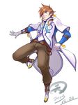  2013 belt black_pants boots brown_hair buckle dated earrings fingerless_gloves full_body gloves green_eyes highres jacket jewelry male_focus pants shiroh46 shirt smile solo sorey_(tales) tales_of_(series) tales_of_zestiria white_background 