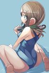 brown_hair goggles goggles_around_neck green_eyes i_(deichi) one-piece_swimsuit original school_swimsuit short_hair solo swimsuit 
