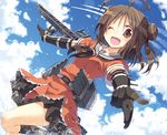  ;d antenna_hair brown_eyes brown_hair cloud day double_bun gloves kantai_collection lens_flare looking_at_viewer machinery naka_(kantai_collection) ocean one_eye_closed open_mouth satou_kibi sea_spray sky smile solo turret water 