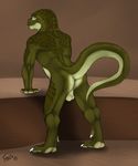  anthro back back_turned balls biceps big_muscles blue_eyes body_markings butt claws dinosaur fersir green_skin leaning leaning_forward looking_at_viewer looking_back male markings muscles nude plain_background pose presenting presenting_hindquarters raised_tail reptile scales scalie seductive sketch smile smirk solo standing theropod toe_claws tyrannosaurus_rex 