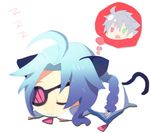  ahoge animal_ears bad_id bad_pixiv_id blazblue bodysuit cape cat_ears cat_tail eyepatch nu-13 ragna_the_bloodedge silver_hair sleeping tail 