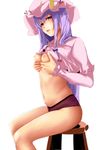  bad_id bad_pixiv_id belly blush breast_hold breasts crescent hat kirieppa long_hair medium_breasts navel no_pants panties patchouli_knowledge purple_eyes purple_hair purple_panties sitting solo touhou underwear 