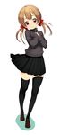  bow brown_eyes brown_hair hair_bow loafers long_hair original shoes skirt sleeves_past_wrists smile solo sweater turtleneck twintails zizi_(zz22) 