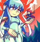  1boy 1girl blue_cape blue_dress blue_eyes blue_hair cape closed_mouth cloud commentary detached_sleeves dress eliwood_(fire_emblem) english_commentary eyebrows_visible_through_hair fingernails fire_emblem fire_emblem:_rekka_no_ken fire_emblem_heroes flying_sweatdrops forest giantess hair_ornament hand_on_hip holding holding_sword holding_weapon long_hair looking_at_another nature ninian nintendo pose rapier red_eyes red_hair setz smile sword weapon 