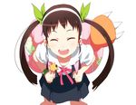  backpack bag bakemonogatari bow bracelet closed_eyes commentary hachikuji_mayoi hair_bow hairband jewelry long_hair monogatari_(series) ogipote open_mouth shirt simple_background skirt smile solo star twintails white_background 