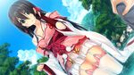 1girl black_hair blush breasts cloud clouds forest game_cg garter_straps green_eyes highres japanese_clothes legs long_hair looking_at_viewer nature river sengoku_koihime:_otome_kenran_sengoku_emaki sky small_breasts standing thighhighs thighs tree trees water wet wet_clothes 