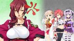  4girls black_legwear breast_envy breasts brown_hair flat_chest game_cg highres huge_breasts japanese_clothes large_breasts legs long_hair looking_at_viewer multiple_girls open_mouth purple_hair red_hair sengoku_koihime:_otome_kenran_sengoku_emaki short_shorts shorts simple_background small_breasts standing striped striped_legwear thighs trembling 