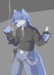 blue_fur bluemaster canine clothed clothing ear_piercing fur looking_at_viewer male mammal piercing simple_background smile smoking solo thumbs_up 