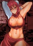  alternate_costume areolae arms_up bandages blush bowalia breasts bun_cover double_bun ibaraki_kasen large_breasts muscle muscular_female navel nipple_slip nipples parted_lips pink_eyes pink_hair pubic_hair short_hair solo touhou 