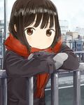  bad_id bad_pixiv_id brown_eyes brown_hair city jacket mittens nasuna original red_scarf scarf short_hair smile solo winter 