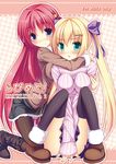  aqua_eyes bad_id bad_pixiv_id blonde_hair ichiroku long_hair multiple_girls original pantyhose pink_sweater purple_eyes red_hair sana_(ichiroku) sena_(ichiroku) sweater thighhighs 