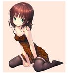  animal_print breasts brown_hair dress green_eyes lace lace-trimmed_thighhighs leopard_print long_hair medium_breasts original pink_background print_dress simple_background sitting solo strap_slip thighhighs wariza zettai_ryouiki zizi_(zz22) 