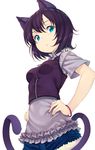  :o animal_ears black_hair blue_eyes bracelet cat_ears cat_tail denim denim_shorts fang hands_on_hips jewelry looking_down original short_hair shorts solo tail vest zizi_(zz22) 