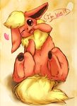  ambiguous_gender blush canine dog eeveelution flareon fur ingi looking_at_viewer mammal nintendo one_eye_closed open_mouth paws plain_background pok&#233;mon pok&eacute;mon red_fur solo text video_games yellow_fur 