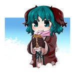  :t adapted_costume animal_ears blue_background blush byourou coat eating food gloves gradient gradient_background green_eyes green_hair kasodani_kyouko looking_at_viewer scarf short_hair solo steam taiyaki touhou wagashi 