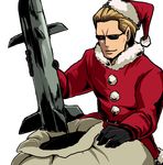  1boy albert_wesker blonde_hair capcom christmas hat male male_focus missile resident_evil santa_costume santa_hat short_hair smile solo sunglasses weapon 