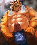  anthro balls biceps body_markings bulge chubby feline fur leaking looking_at_viewer male mammal markings moobs moto muscles nipples pecs penis pose precum presenting pubes red_nose solo standing stripes teeth tiger topless towel underwear 