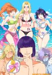  3girls ;d amelia_wil_tesla_seyruun bangs beach bikini black_bikini blonde_hair blood blue_eyes blue_hair blue_sky blunt_bangs blush bow braid braided_ponytail breasts brown_hair cloud collarbone copyright_name day eyebrows_visible_through_hair eyes_visible_through_hair filia_ul_copt floating_hair gourry_gabriev green_bikini_top groin hair_over_one_eye head_tilt heart high_ponytail highres leg_up lina_inverse long_hair looking_at_viewer lyxu medium_breasts multicolored_hair multiple_boys multiple_girls navel nosebleed ocean one_eye_closed open_mouth outdoors philionel_el_di_seyruun pink_bow pink_eyes pointy_ears purple_hair purple_ribbon red_eyes ribbon sarong see-through shiny shiny_skin short_hair side-tie_bikini sideboob single_braid sky slayers smile standing standing_on_one_leg strapless strapless_bikini swimsuit two-tone_hair underboob very_long_hair w white_bikini xelloss zelgadiss_graywords 