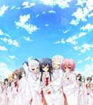  6+girls black_hair blonde_hair blue_eyes blush brown_hair cloud clouds eyes_closed game_cg happy highres japanese_clothes long_hair looking_at_viewer multiple_girls orange_hair pink_hair red_eyes sengoku_koihime:_otome_kenran_sengoku_emaki short_hair sky smile standing twintails white_hair 