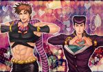  2boys abs bad_id bad_tumblr_id blue_eyes brown_hair crop_top fabulous father_and_son fingerless_gloves gakuran gloves heart heart_hands higashikata_jousuke jojo_no_kimyou_na_bouken joseph_joestar_(young) midriff motoi_(spieler) multiple_boys muscle one_eye_closed purple_eyes purple_hair scarf school_uniform sweatdrop time_paradox 