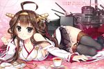 ahoge bare_shoulders blush boots breasts brown_hair cleavage cup detached_sleeves double_bun fujima_takuya hair_ornament hairband headgear japanese_clothes kantai_collection kongou_(kantai_collection) large_breasts long_hair looking_at_viewer nontraditional_miko pleated_skirt ribbon-trimmed_sleeves ribbon_trim skirt smile solo tea teacup thigh_boots thighhighs zettai_ryouiki 