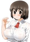  aru_ra_une ayase_fuuka blush breasts brown_eyes brown_hair cum cum_in_mouth cum_on_body cum_on_breasts cum_on_clothes cum_on_upper_body eyebrows highres large_breasts nipples school_uniform see-through short_hair sleeves_rolled_up solo thick_eyebrows yotsubato! 