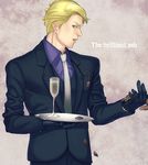  alcohol bad_id bad_tumblr_id black_gloves blonde_hair blue_eyes formal gloves holding_hands jojo_no_kimyou_na_bouken motoi_(spieler) necktie out_of_frame prosciutto solo_focus suit wine zombie 